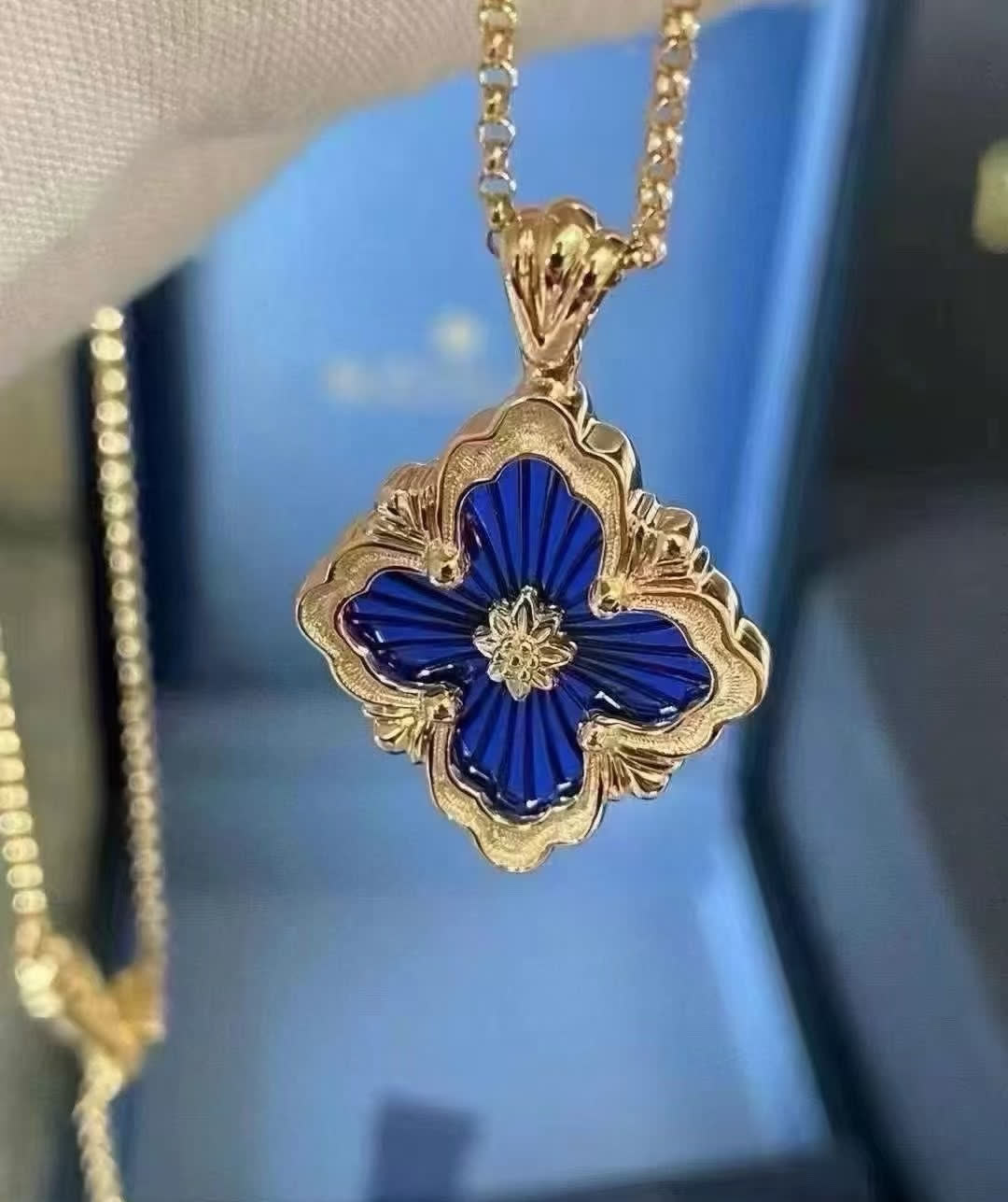 Van Cleef & Arpels Gold and Blue Enamel Flower Pendant Necklace